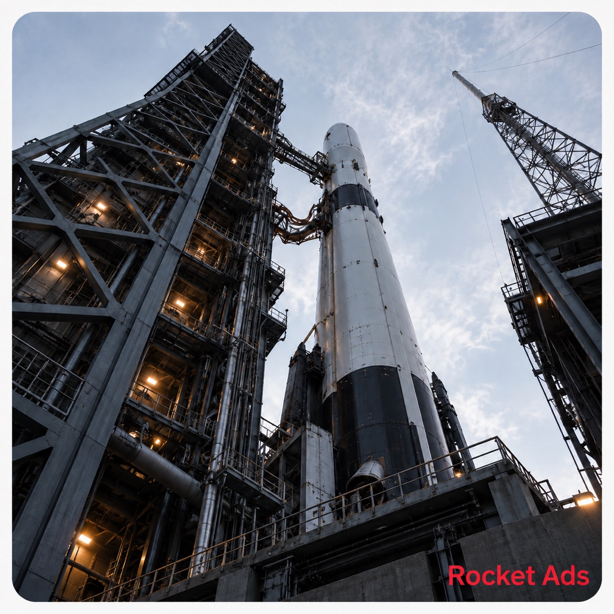 A rocket on the launch pad at dusk